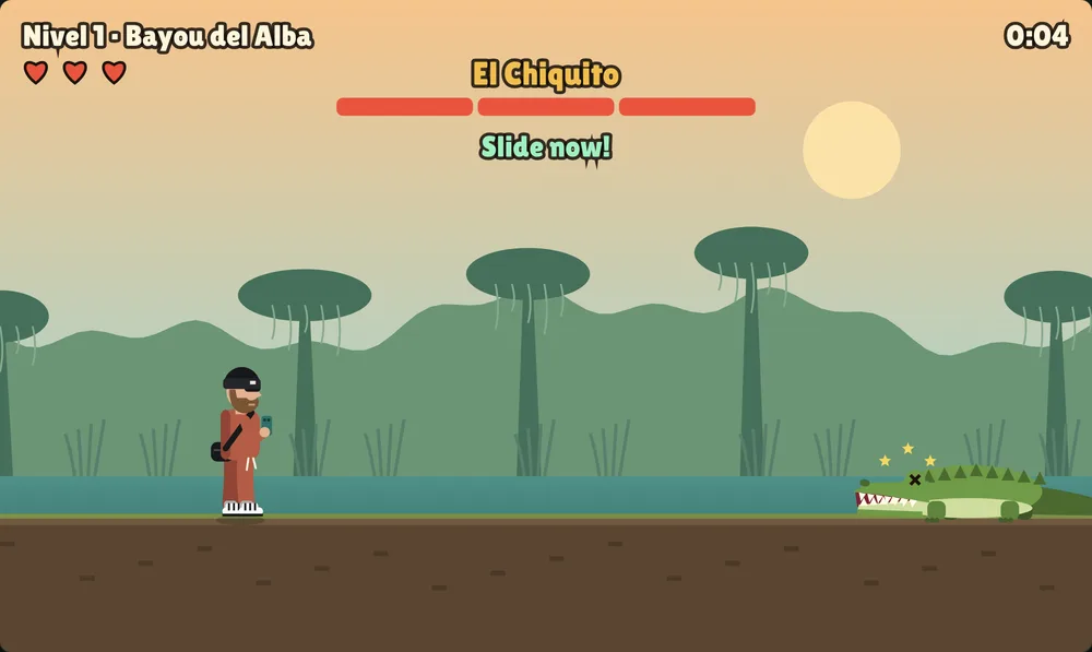 El Chiquito, a small green crocodile, dizzy with stars circling its head.