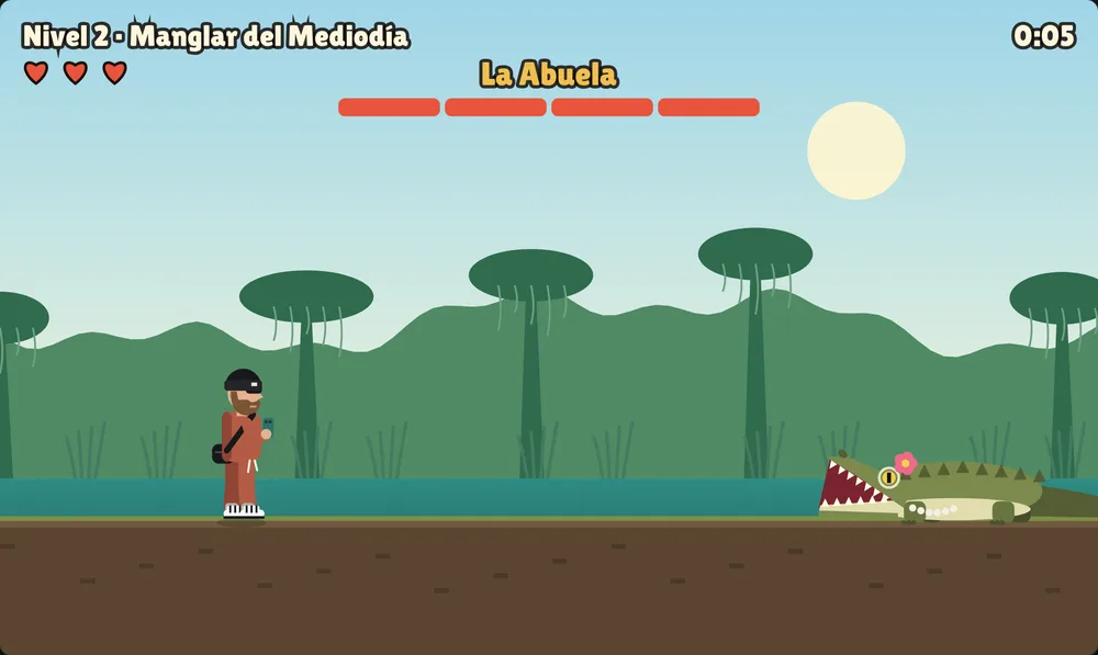La Abuela, an olive crocodile with a pink flower, reading glasses and pearls, jaws wide open.