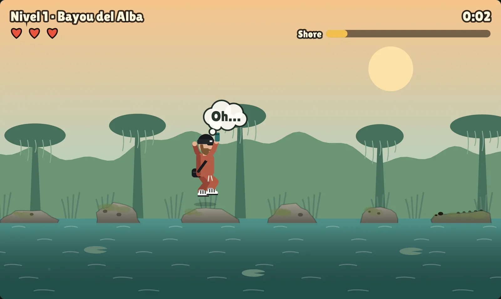 The hero, in a beanie, sunglasses and a rust sweatsuit, mid-leap over the Bayou del Alba with an “Oh…” thought bubble above his head.